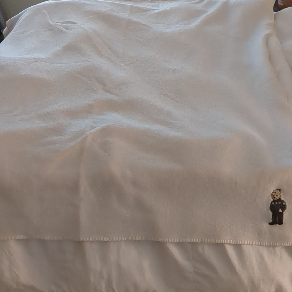 Ralph Lauren Cream Throw Blanket with Embroidered Polo Bear